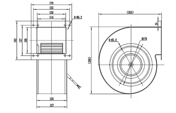 Dimension of DG180B-D092A Forward Curved Single Inlet Φ 180-92