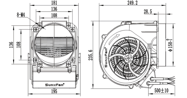 Dimension of SF146A-E092 Forward Curved Double Inlet Φ 146-150