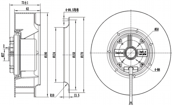 Dimension of BC190A-E072B3 Backward Curved Fan 2 Speeds Φ 190