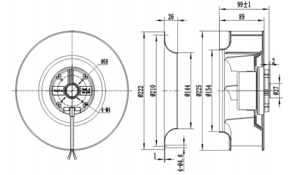 Dimension of BC225A-E072B3 Backward Curved Fan 2 Speeds Φ 225
