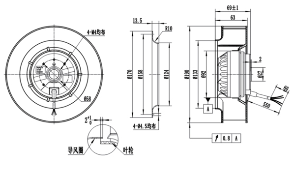Dimension of BC190A-A092B2 Backward Curved Fan Φ 190-62