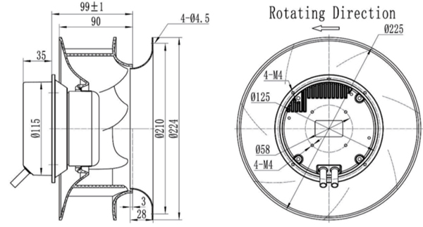 Dimension of BC225A-E092B6 Backward Curved Fan Φ 225-89