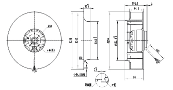 Dimension of BC250A-A092D2 Backward Curved Fan Φ 250-86